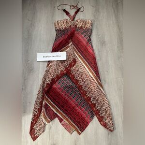 BCBG Paris Scarf Maxi Dress Red Cream Abstract Print Halter Straps - 4